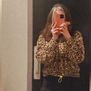 Urban Outfitters 1/4 Zip Leopard Sherpa Teddy Sweater with Neon Green Accents